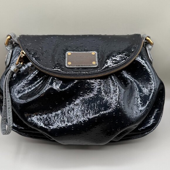 Marc Jacobs Black Patent Ostrich Print Bag / Gray Ostrich Strap - Picture 1 of 6